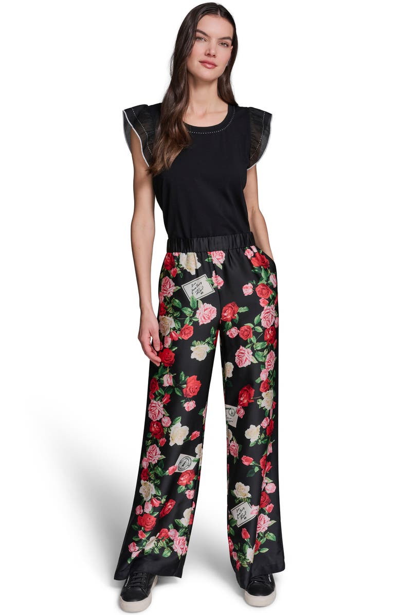 KARL LAGERFELD PARIS Floral Satin Pants, Alternate, color, Black Multi