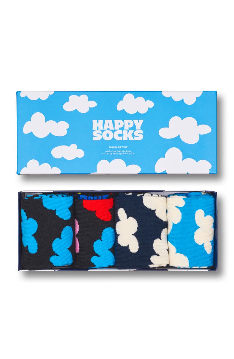 Happy Socks Cloudy Assorted 4-Pack Cotton Blend Crew Socks Gift Box, Alternate, color, Light Blue