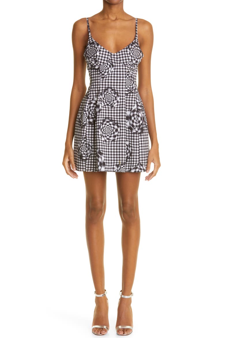 The Bubble with Bonded Bustier Minidress, Main, color, BLACK FLORAL GINGHAM