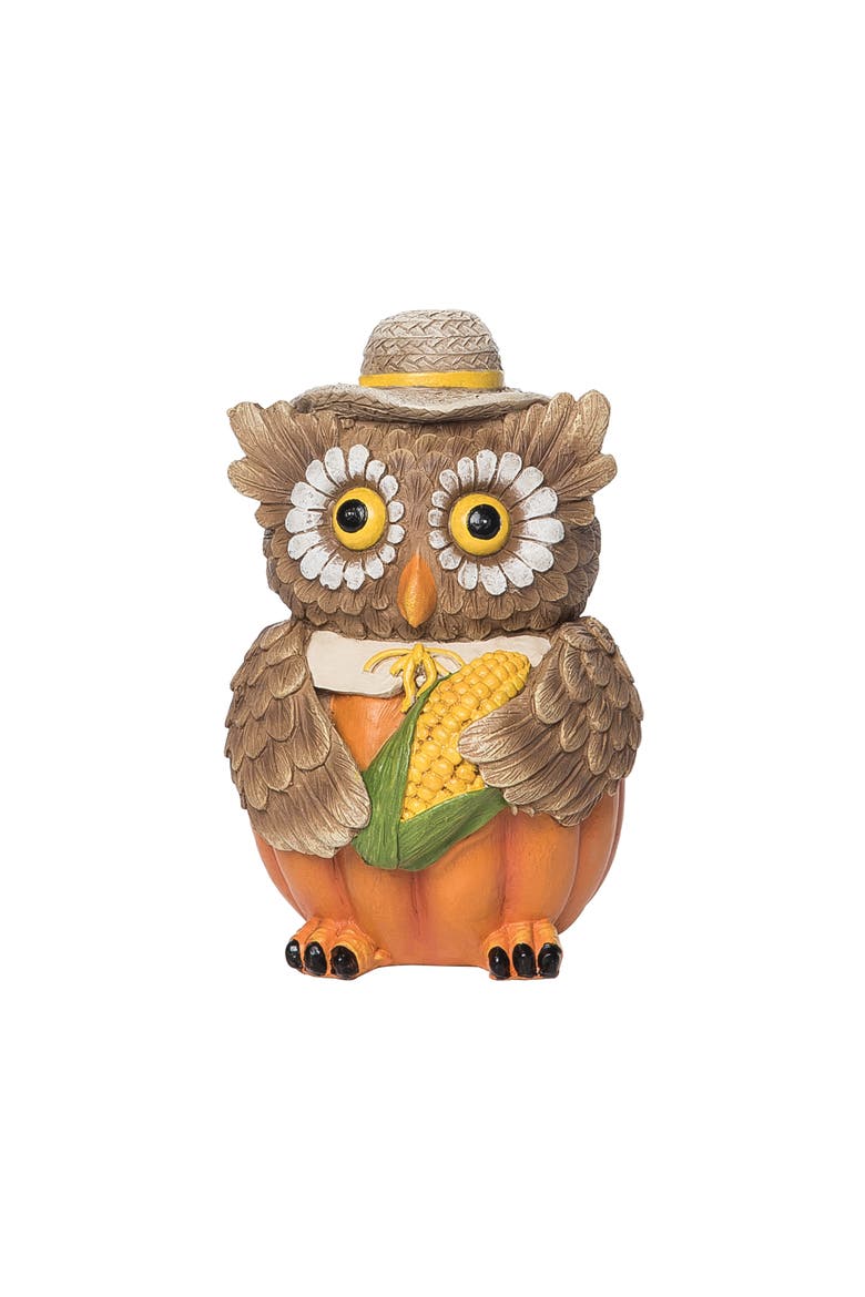 3.1" x 4.8" Sunflower Eyes Pumpkin Owl with Corn Decorative Thanksgiving Figure Figurine, Main, color, Orange
