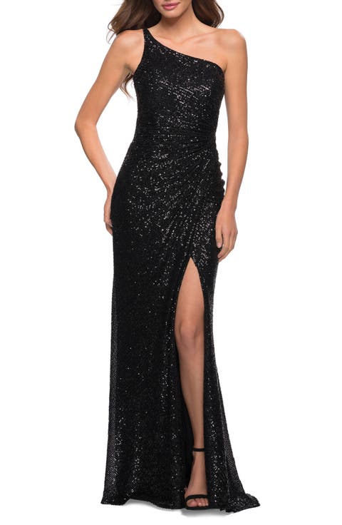 Sequin Gown with One Shoulder Top and Open Back