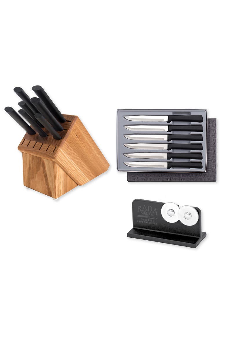 Essential Oak 8 Piece Knife Block Set with Knife Sharpener & 6 Piece Steak Knife Set, Main, color, Black