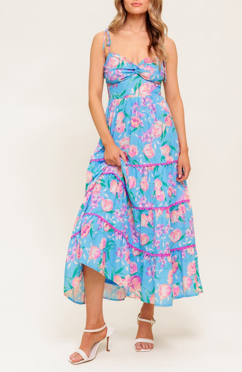 FLYING TOMATO Floral Twist Sweetheart Neck Midi Dress, Alternate, color, Blue/ Ivory