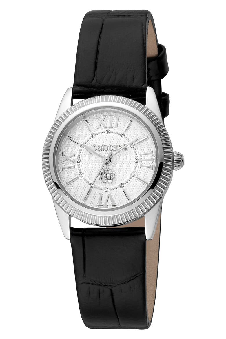 Crystal Quartz Leather Strap Watch, 28mm, Main, color, BLACK