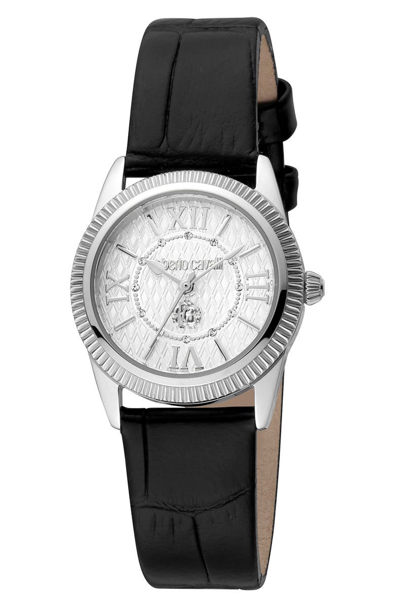 Roberto Cavalli Crystal Quartz Leather Strap Watch, 28mm, Main, color, Black