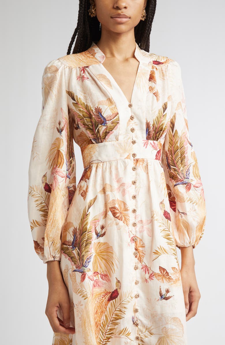 Zimmermann Ascension Print Linen Midi Dress, Alternate, color, Cream Palm Floral