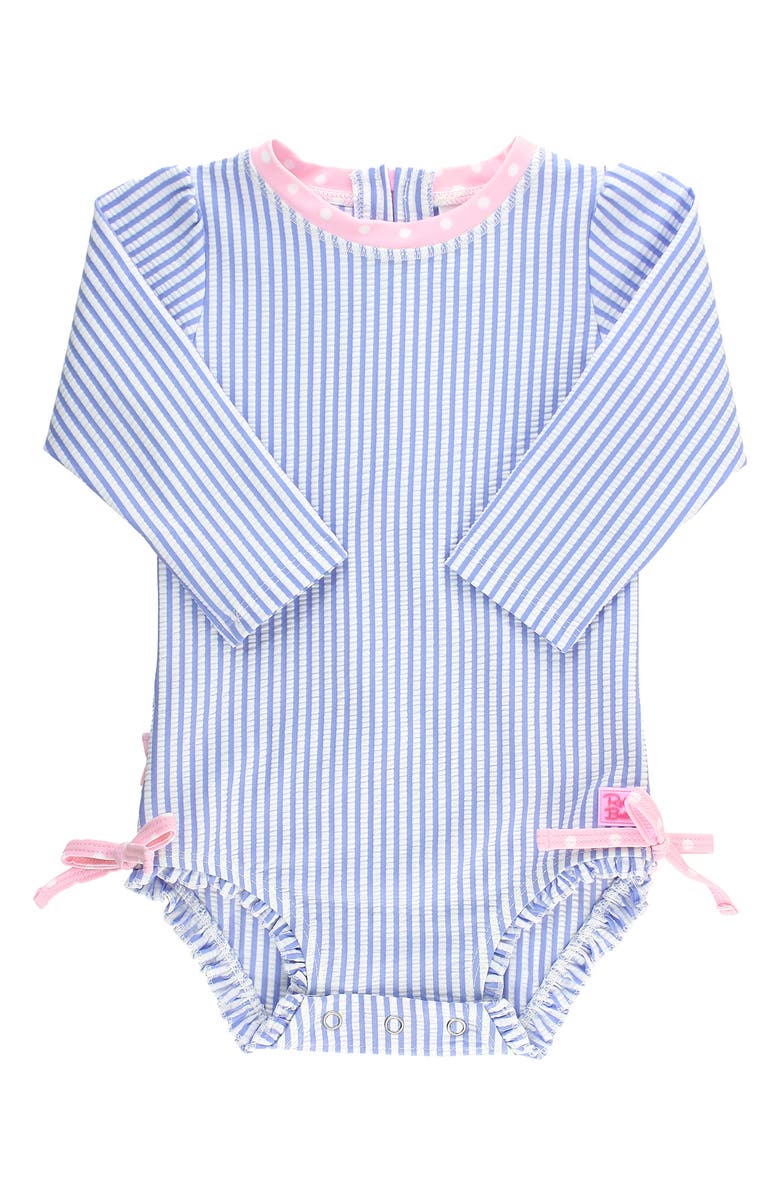 RuffleButts Seersucker One-Piece Rashguard Swimsuit, Main, color, Blue