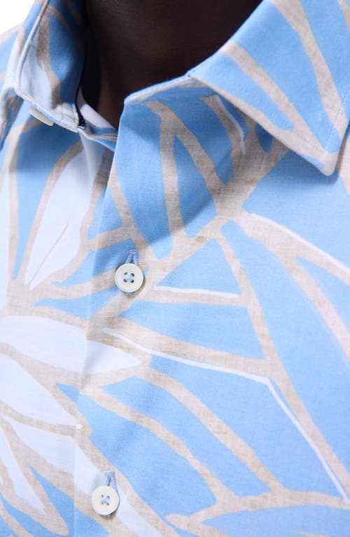 Bugatchi Orson Leaf Print Short Sleeve Stretch Cotton Button-up Shirt In Air Blue