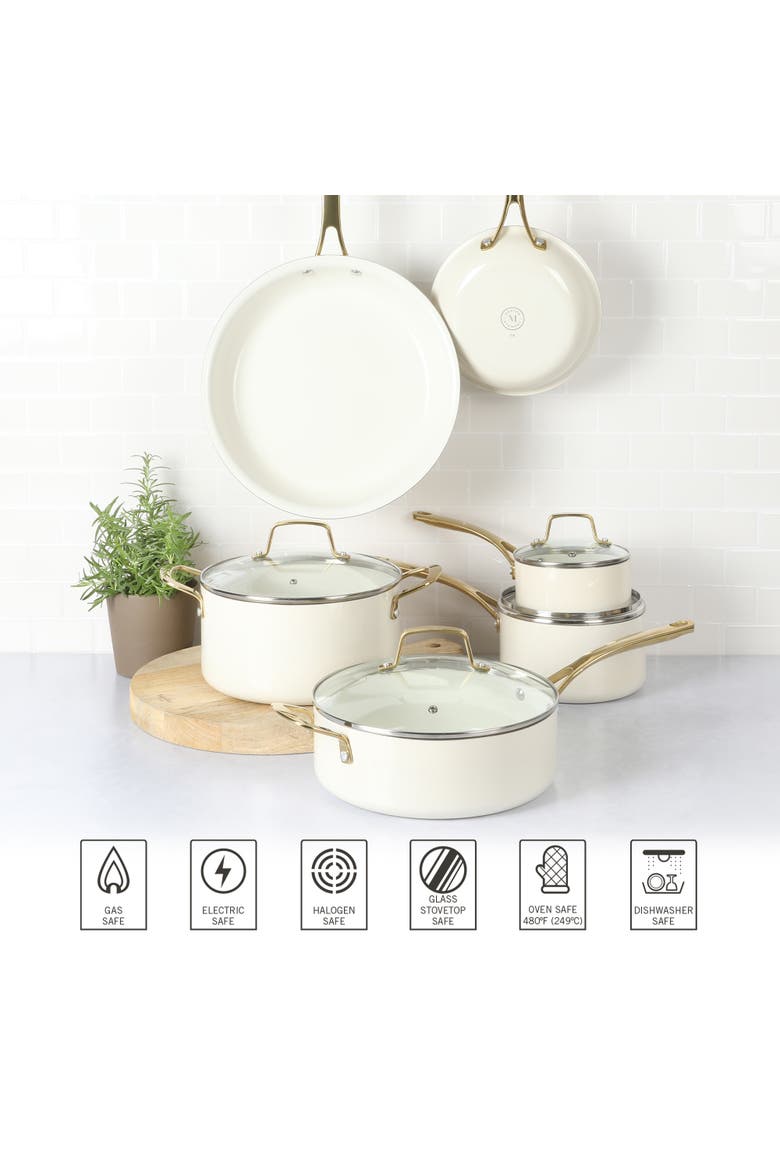 Lockton 10-Piece Ceramic Nonstick Cookware Set with Gold Handles, Induction Safe, Alternate, color, Linen White with Gold Handle