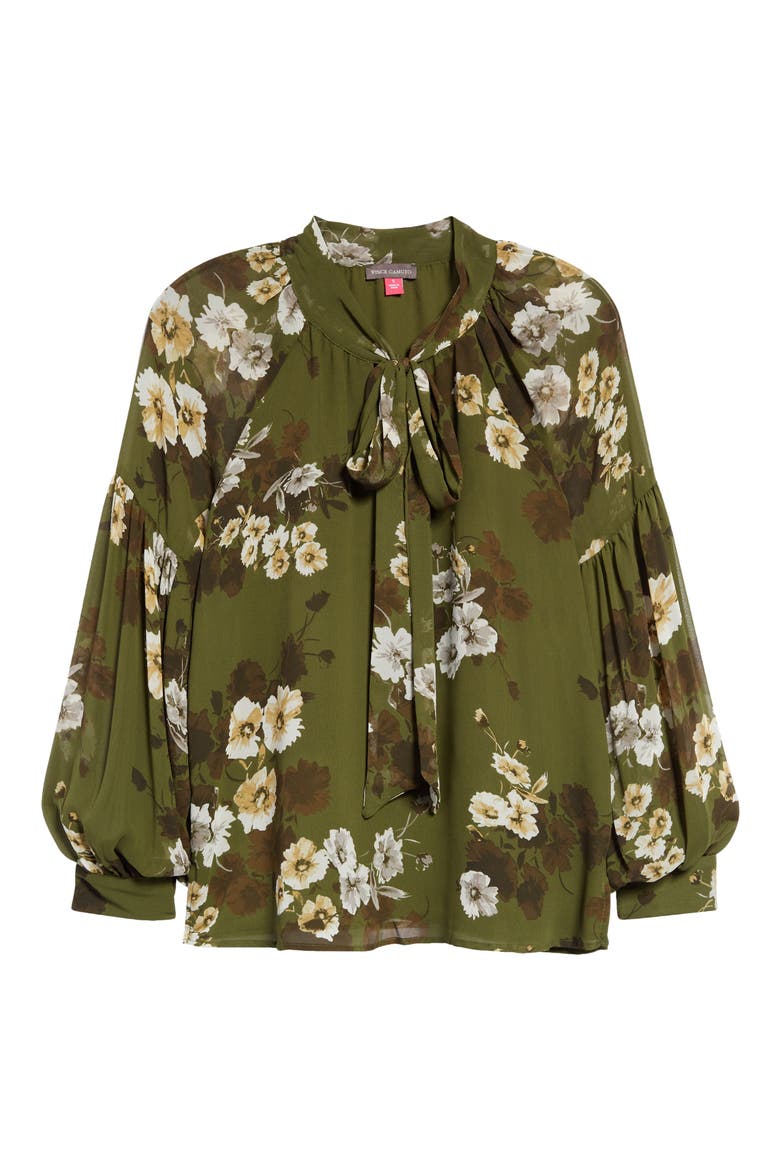 Floral Print Tie Neck Blouse, Alternate, color, LIGHT OLIVE