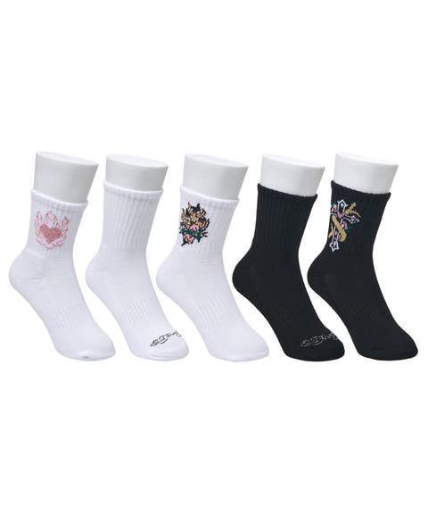 Flowery Cross Print Half Cushion Mid Crew Sock 5 Pack