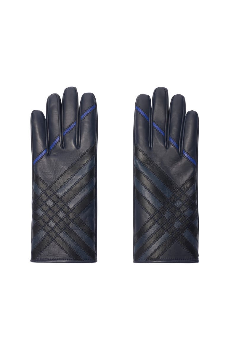 Burberry Check Intarsia Leather Gloves, Main, color, Storm Blue