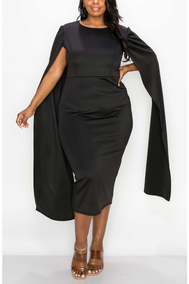 Naomi Cape Sleeve Midi Dress, Alternate, color, BLACK