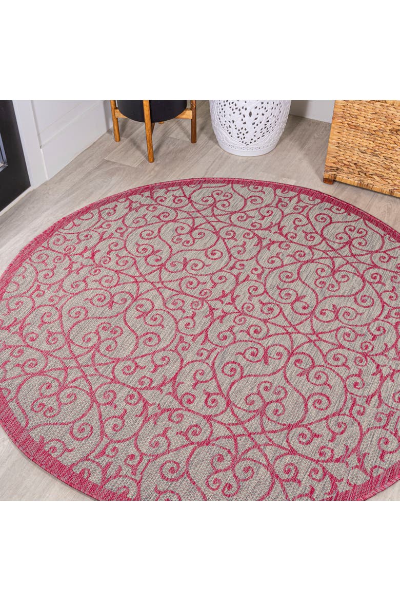 Madrid Vintage Filigree Textured Weave Indoor/Outdoor Round Area Rug, Main, color, Light Gray/Fuchsia