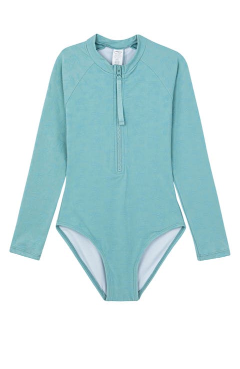 Palm Party Textured Long Sleeve Zip Front One Piece