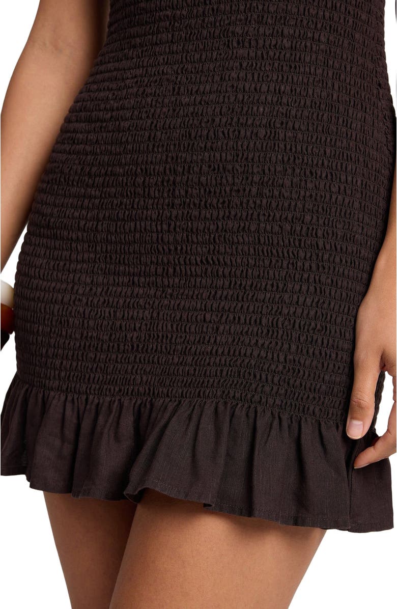 Onia Air Linen Smocked Boatneck Dress, Alternate, color, Espresso