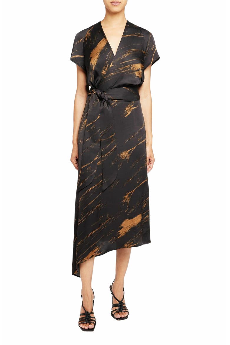 Haley Silk Asymmetric Faux Wrap Midi Dress in Abstract Crepe, Main, color, BLACK