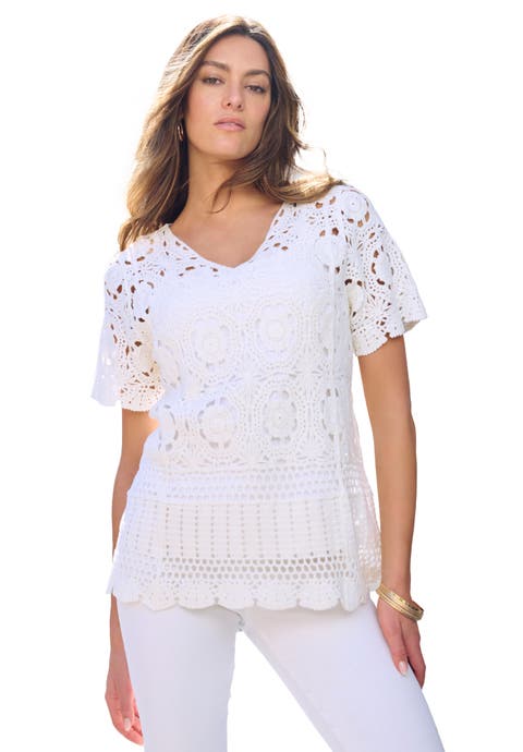 Plus Size Medallion Pattern French Crochet Sweater Top (Plus)