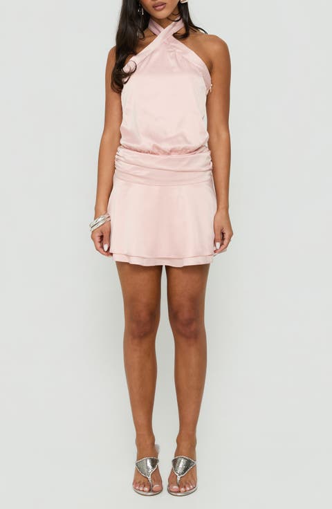 Sparkler Ruched Satin Arrowneck Minidress