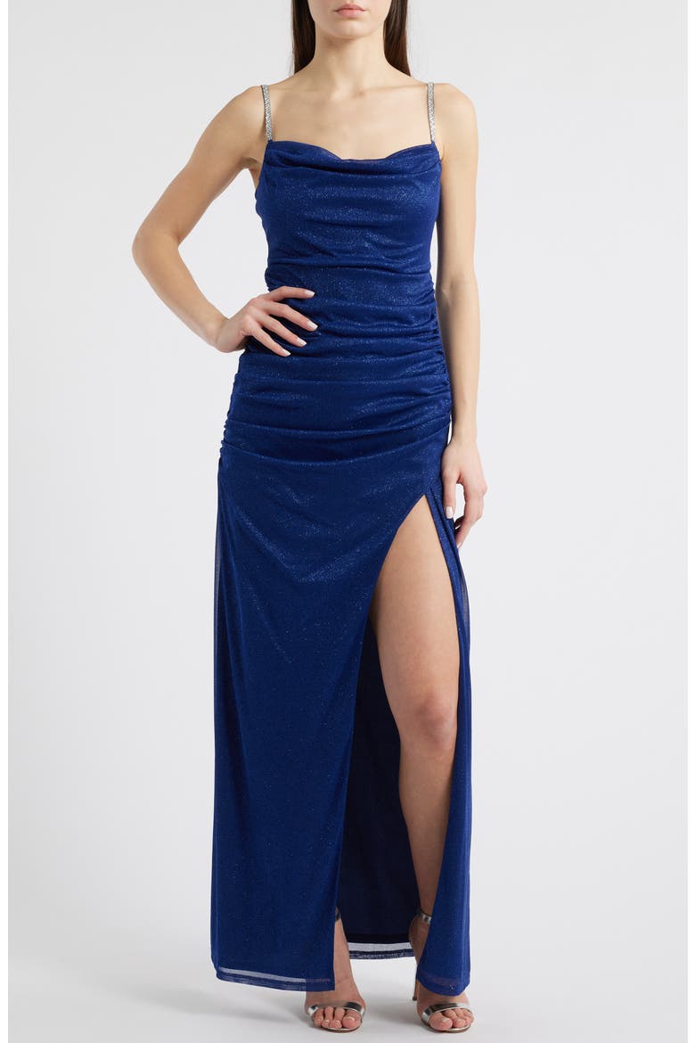 Metallic Rhinestone Strap Gown, Main, color, NAVY