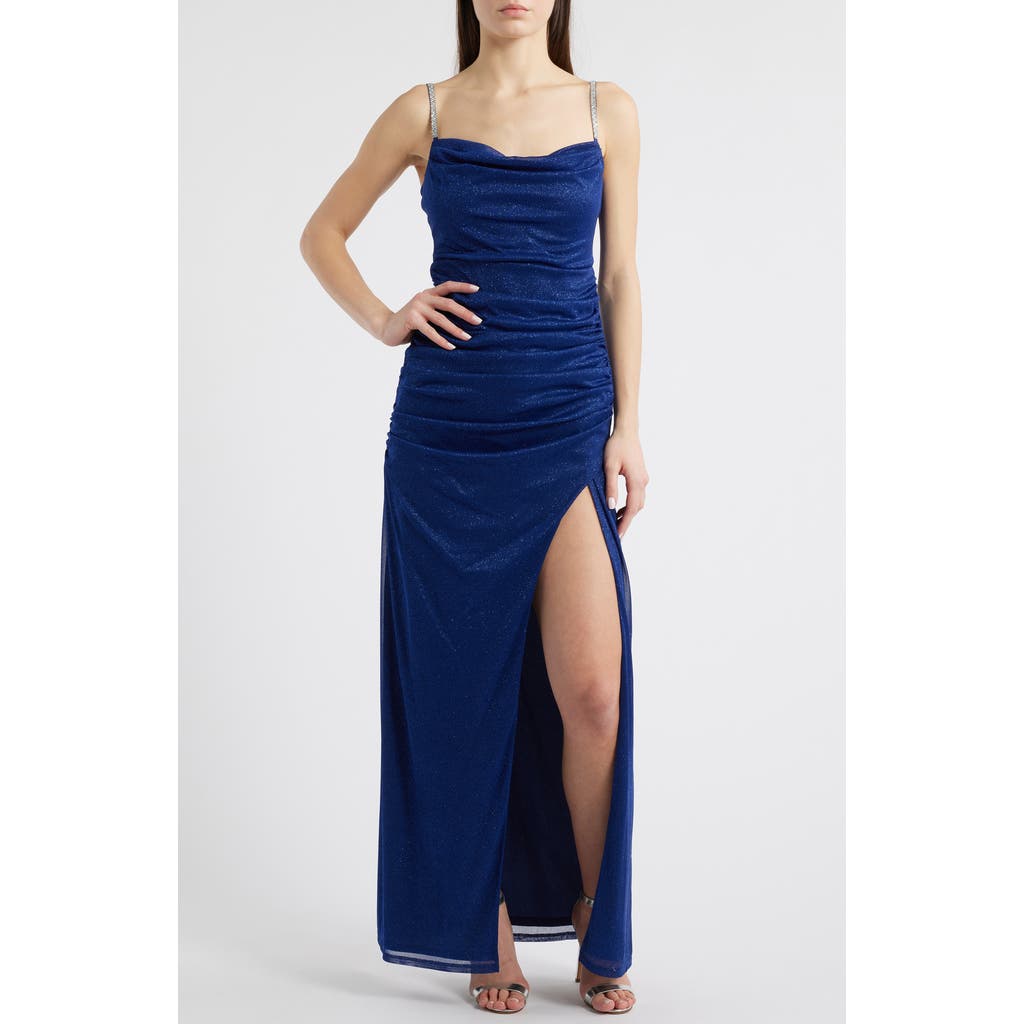 Shop Jump Apparel Metallic Rhinestone Strap Gown In Navy