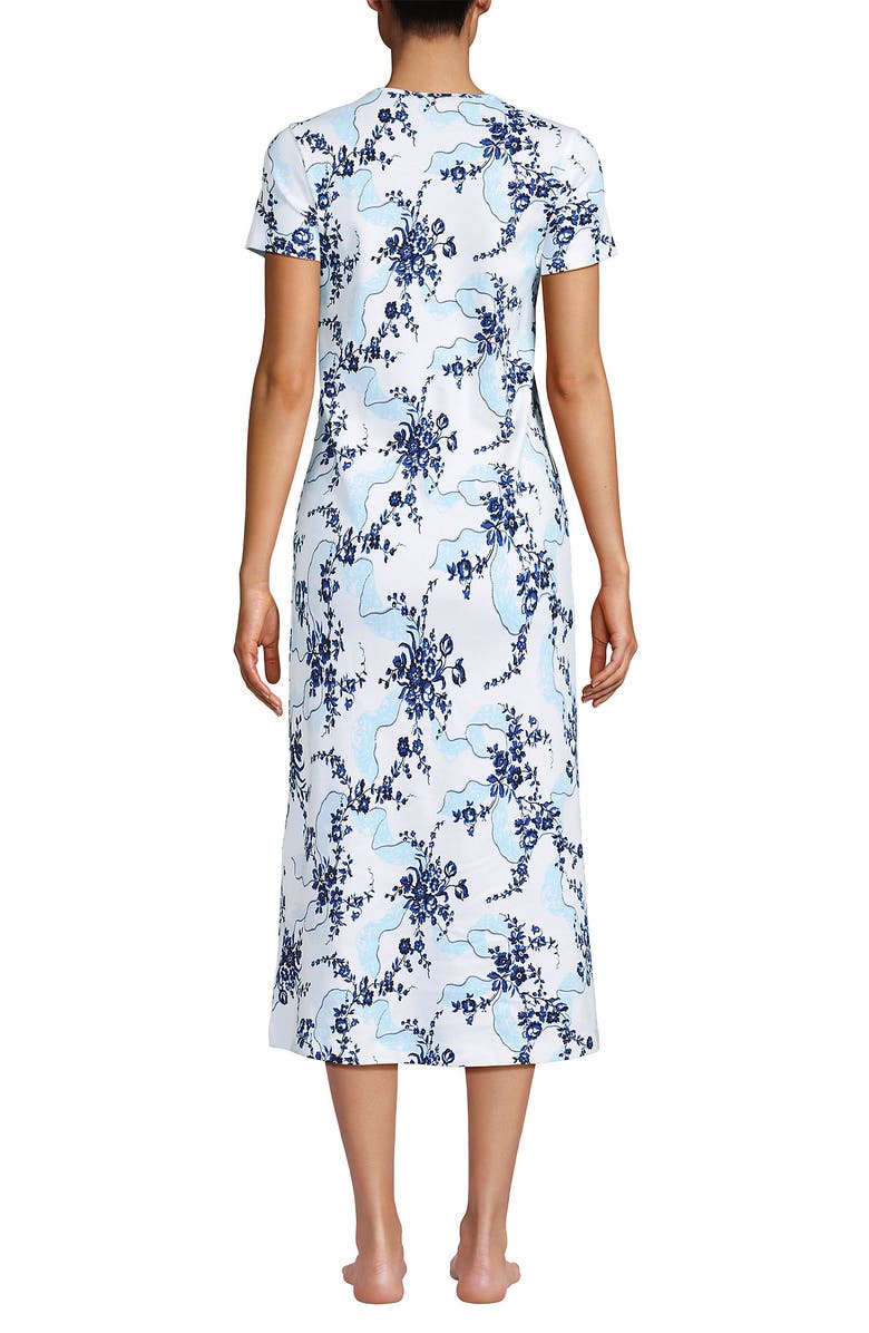 Lands' End Cotton Short Sleeve Midcalf Nightgown, Alternate, color, White/Muted Cobalt Lace Floral