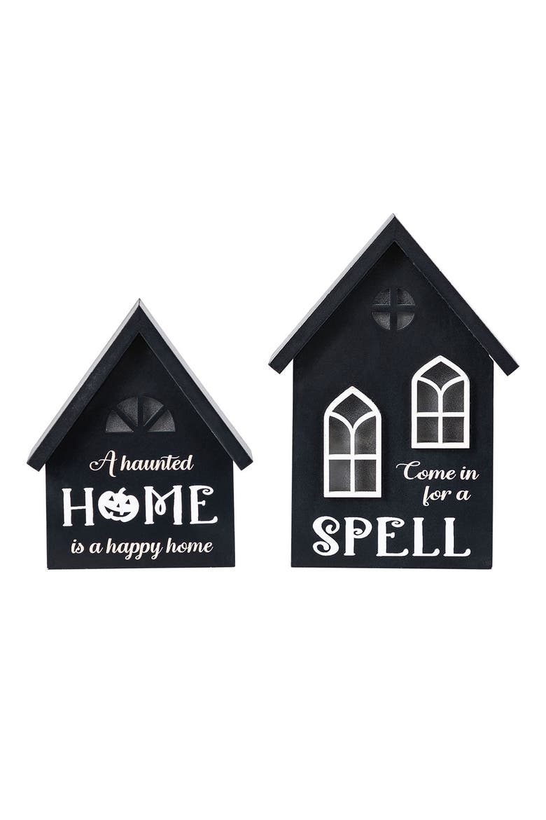 Set of 2 Lighted Halloween Wooden House-shaped Table Decor, Main, color, Black