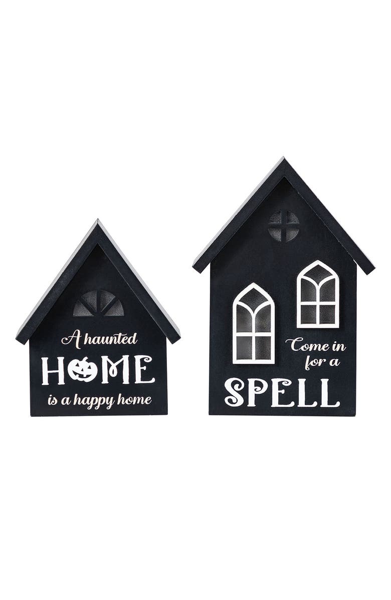 Glitzhome Set of 2 Lighted Halloween Wooden House-shaped Table Decor, Main, color, Black