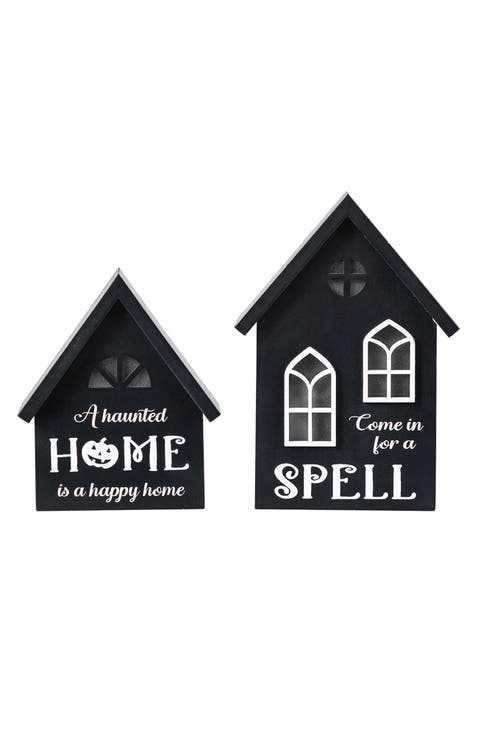 Set of 2 Lighted Halloween Wooden House-shaped Table Decor