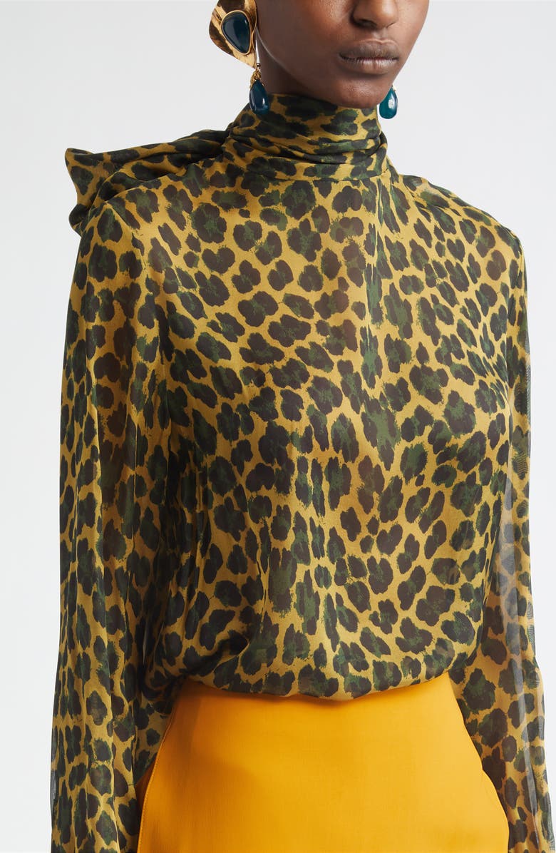 Saint Laurent Leopard Print Silk Top, Alternate, color, Ocre/ Vert