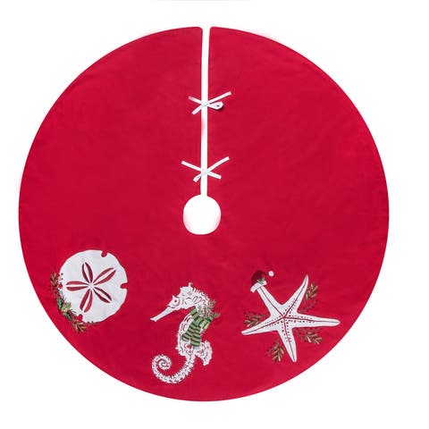 Sea Life 100% Cotton Red Christmas Tree Skirt 54"