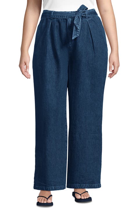 Plus Size High Ridge Twill Pull On Pleated Wide Leg Pants