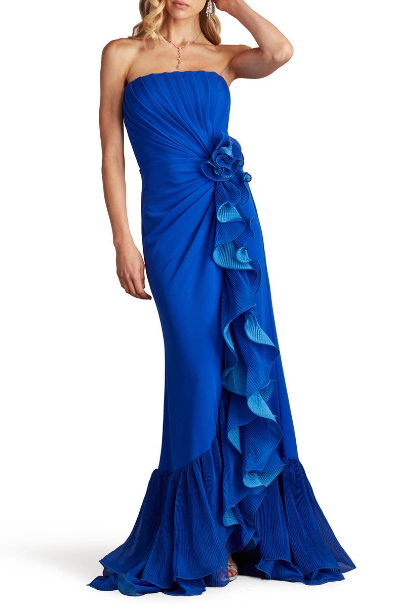 Tadashi Shoji Ruffle Detail Strapless Gown, Main, color, Mystic Blue