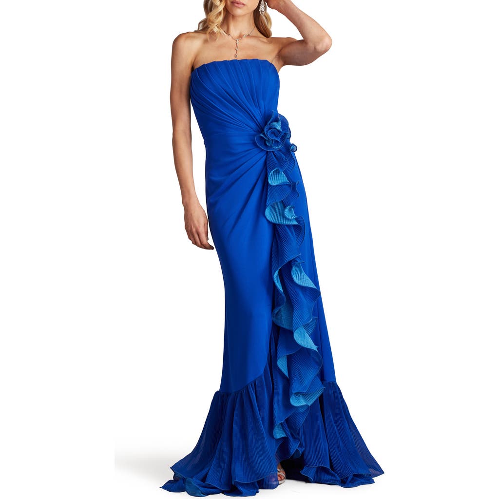Shop Tadashi Shoji Ruffle Detail Strapless Gown In Mystic Blue