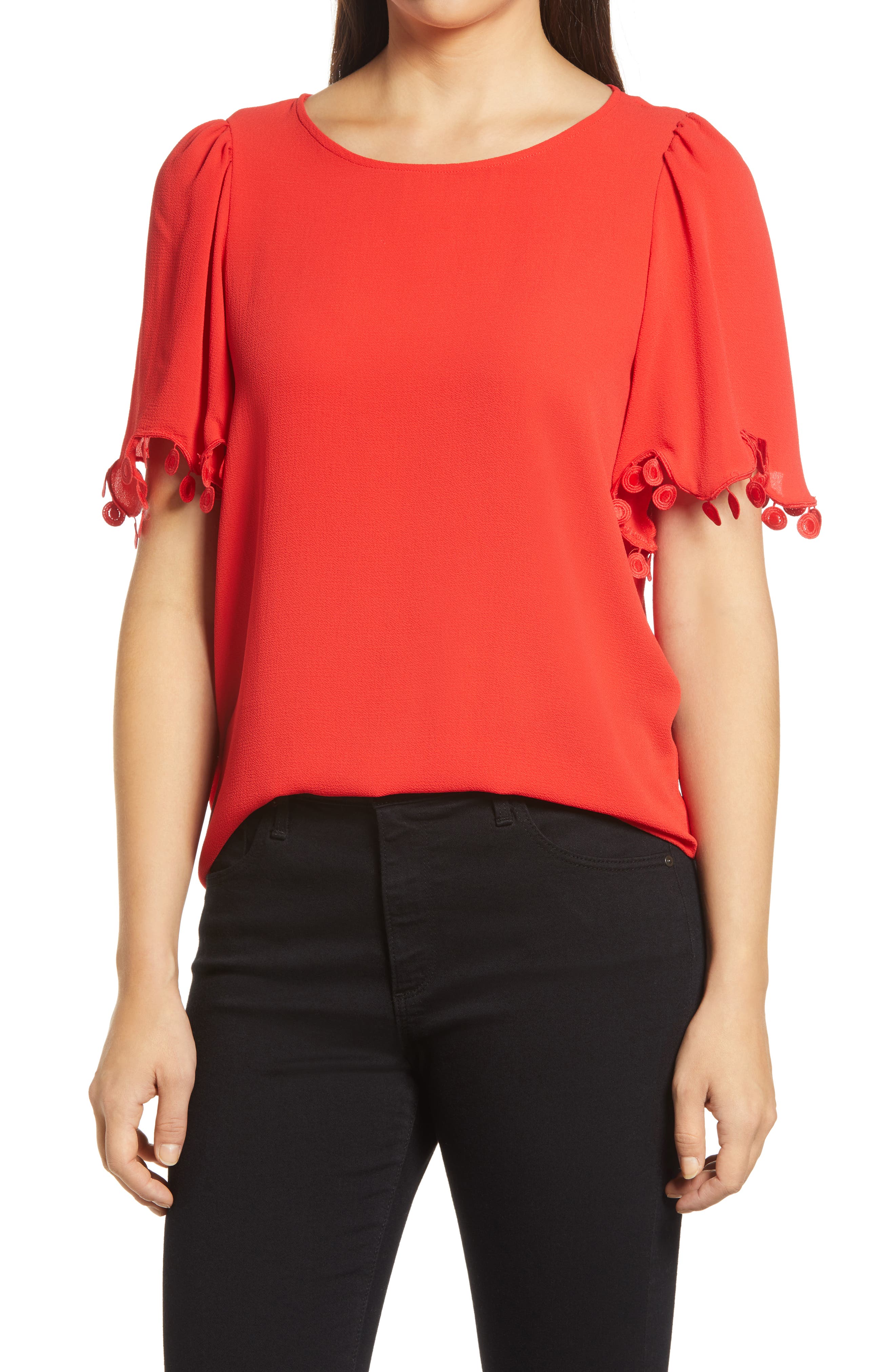 CeCe PomPom Short Sleeve Blouse (Women) | Nordstrom