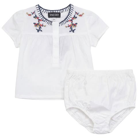 Floral Emboidered Woven Short Sleeve Top and Bloomers Set