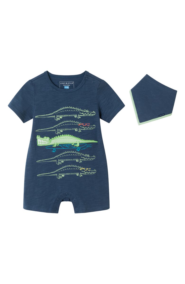 Andy & Evan Graphic Print Cotton Romper & Bib Set, Main, color, Navy
