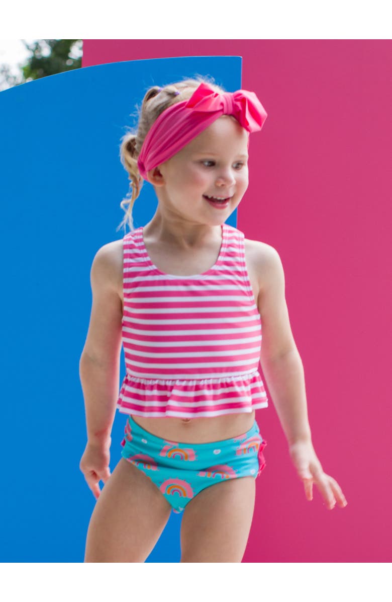 RuffleButts Baby Girls UPF50+ Peplum Tankini, Alternate, color, Catching Rainbows