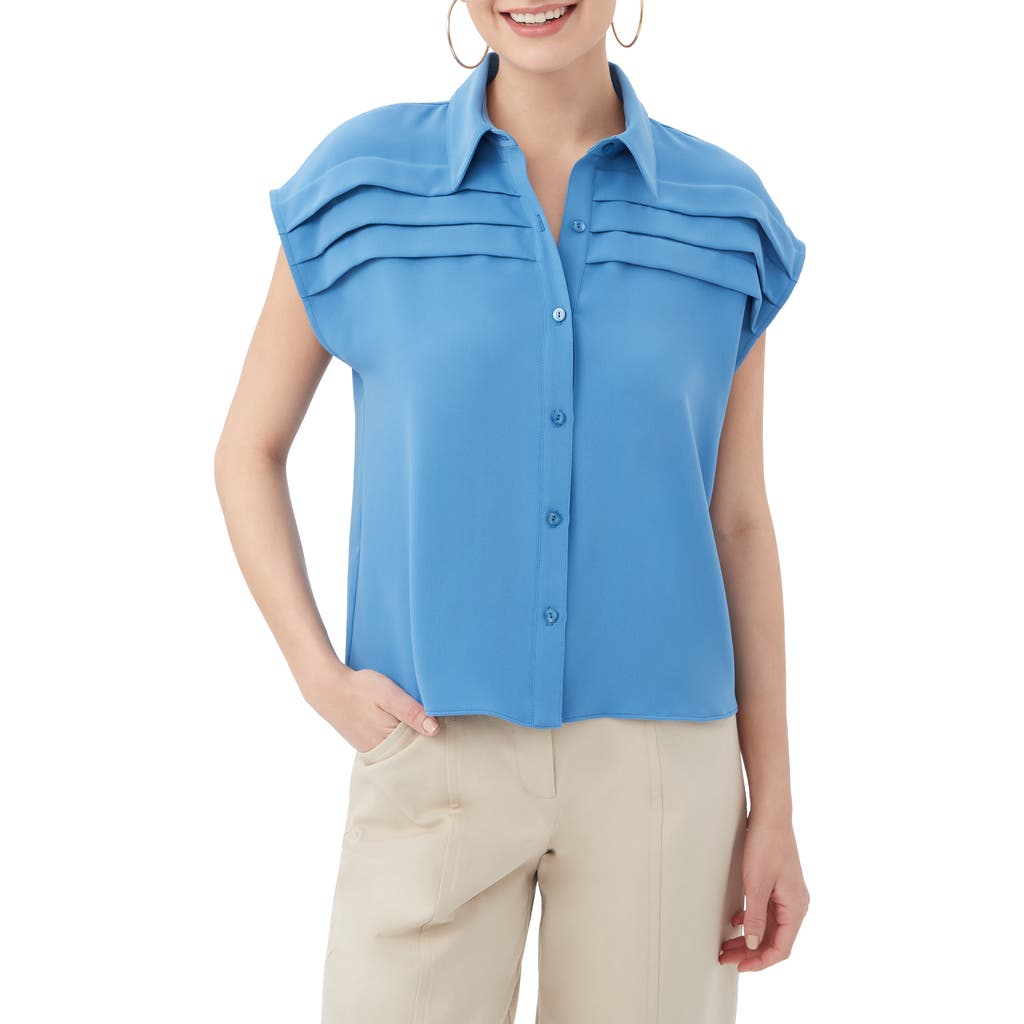 Trina Turk Cheri Cap Sleeve Pleat Front Top In Blue