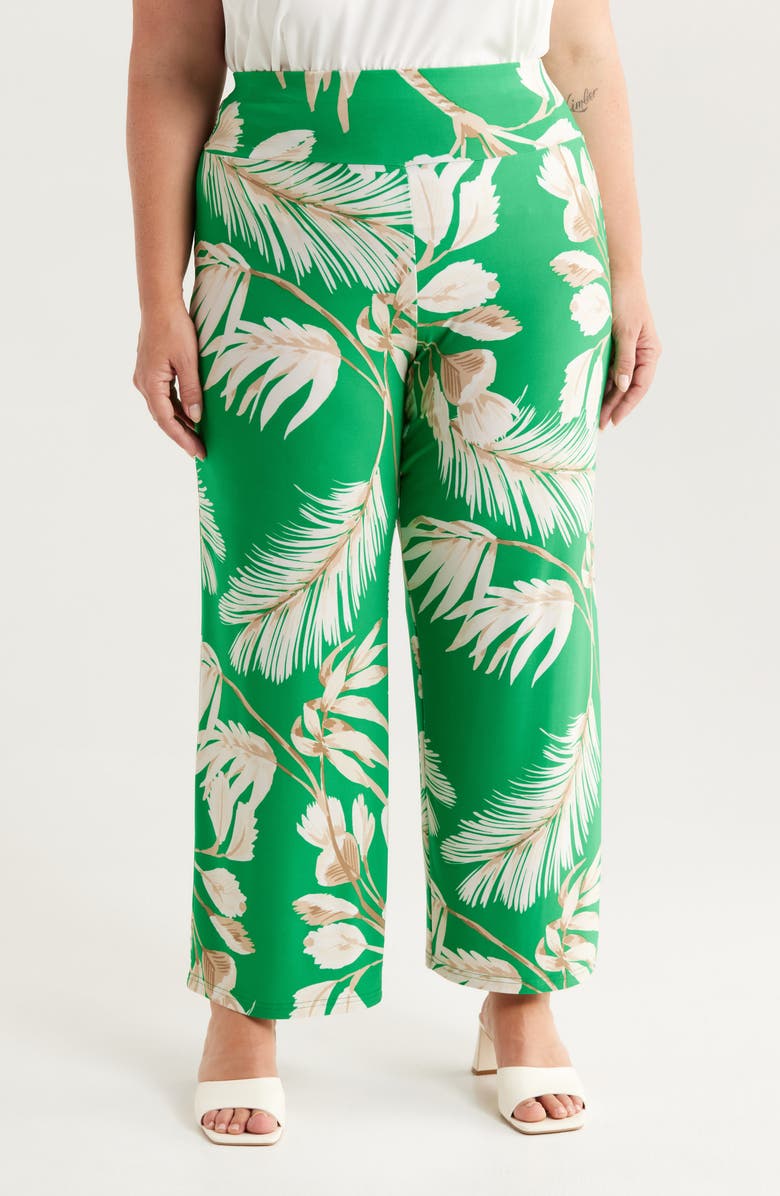 Anne Klein High Waist Pull-On Wide Leg Pants, Main, color, Tropical Green Multi