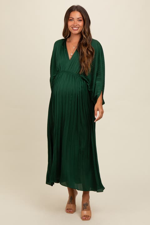 Satin Pleated V-Neck Maternity Maxi Dress