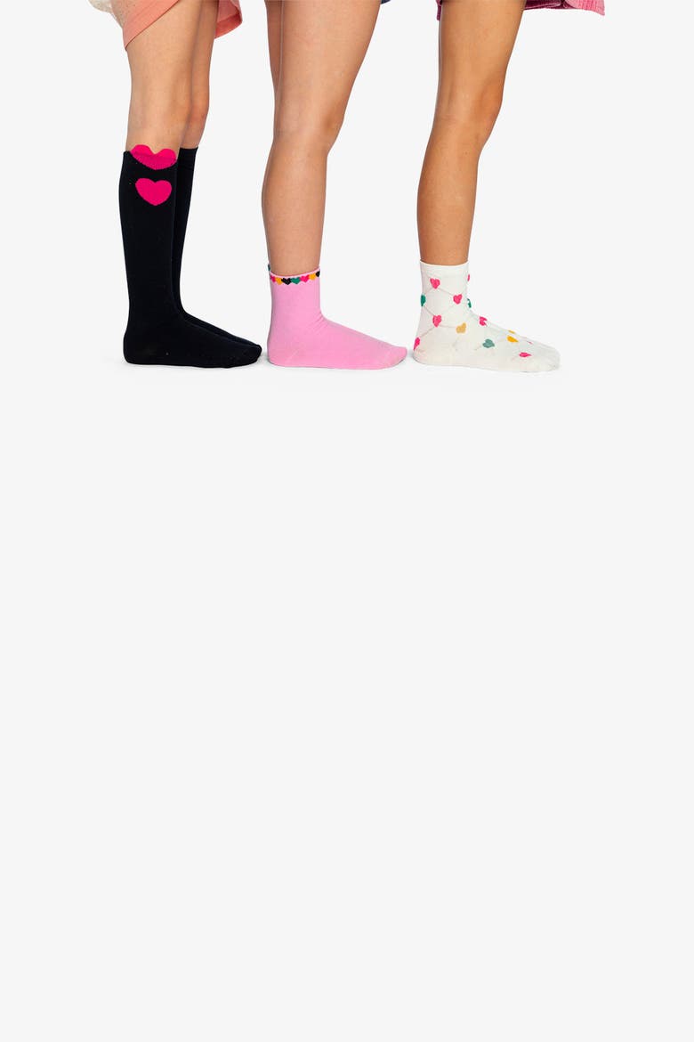 Three Pair Heart Ribbed Cuff Stretch Socks, Alternate, color, Dark Blue, Pink and Beige