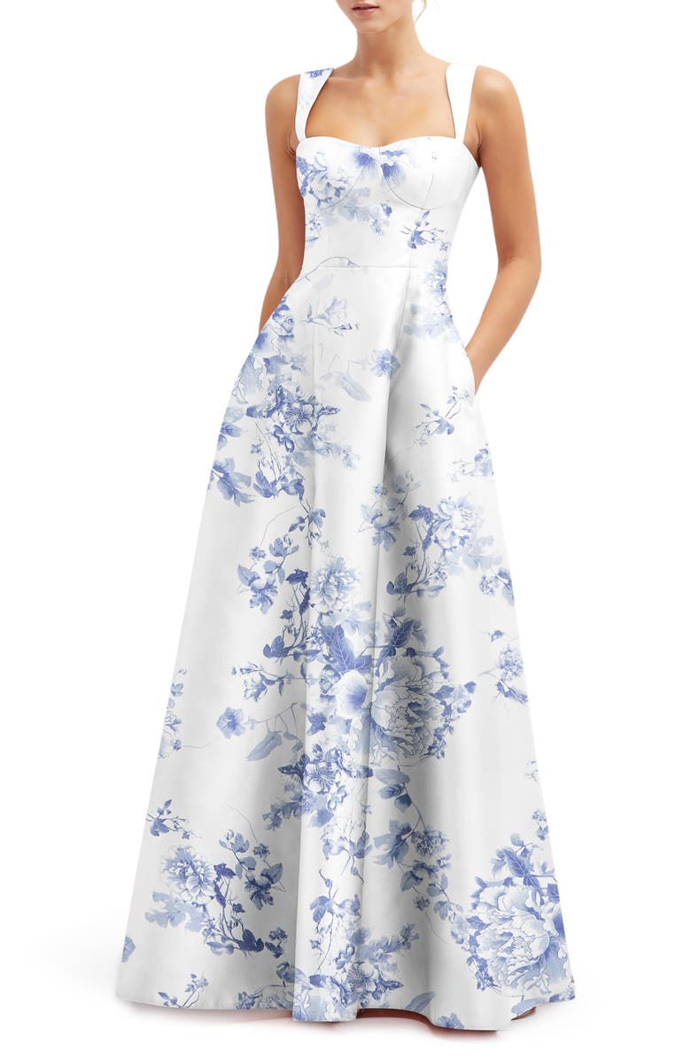 Alfred Sung Floral Lace Up A-Line Gown, Main, color, Cottage Rose-Larkspur Print
