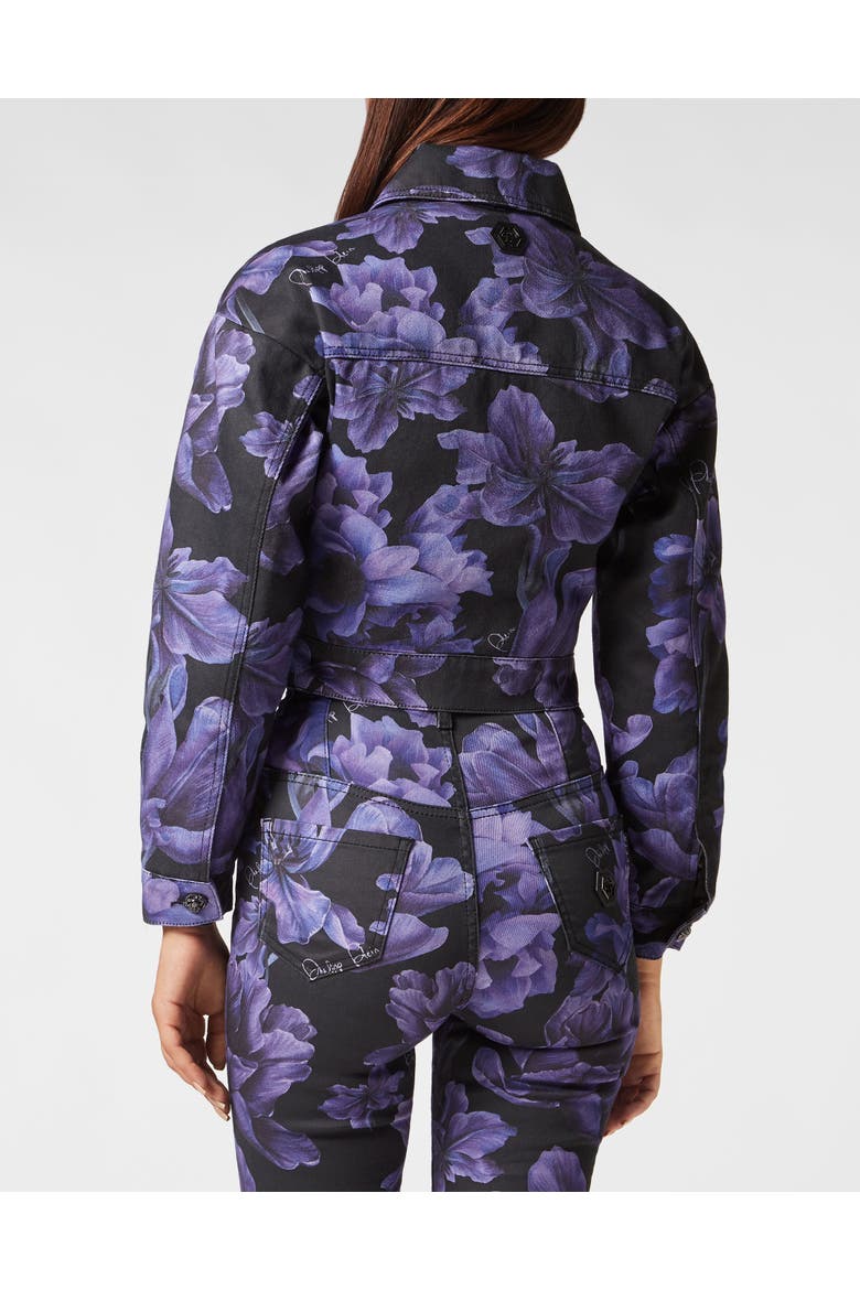 Floral Print Cropped Denim Jacket Paisley Women, Alternate, color, black