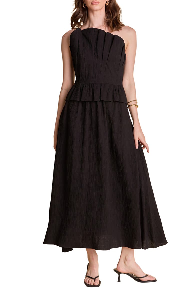 Pleated Ruffle Strapless Maxi Dress, Main, color, BLACK