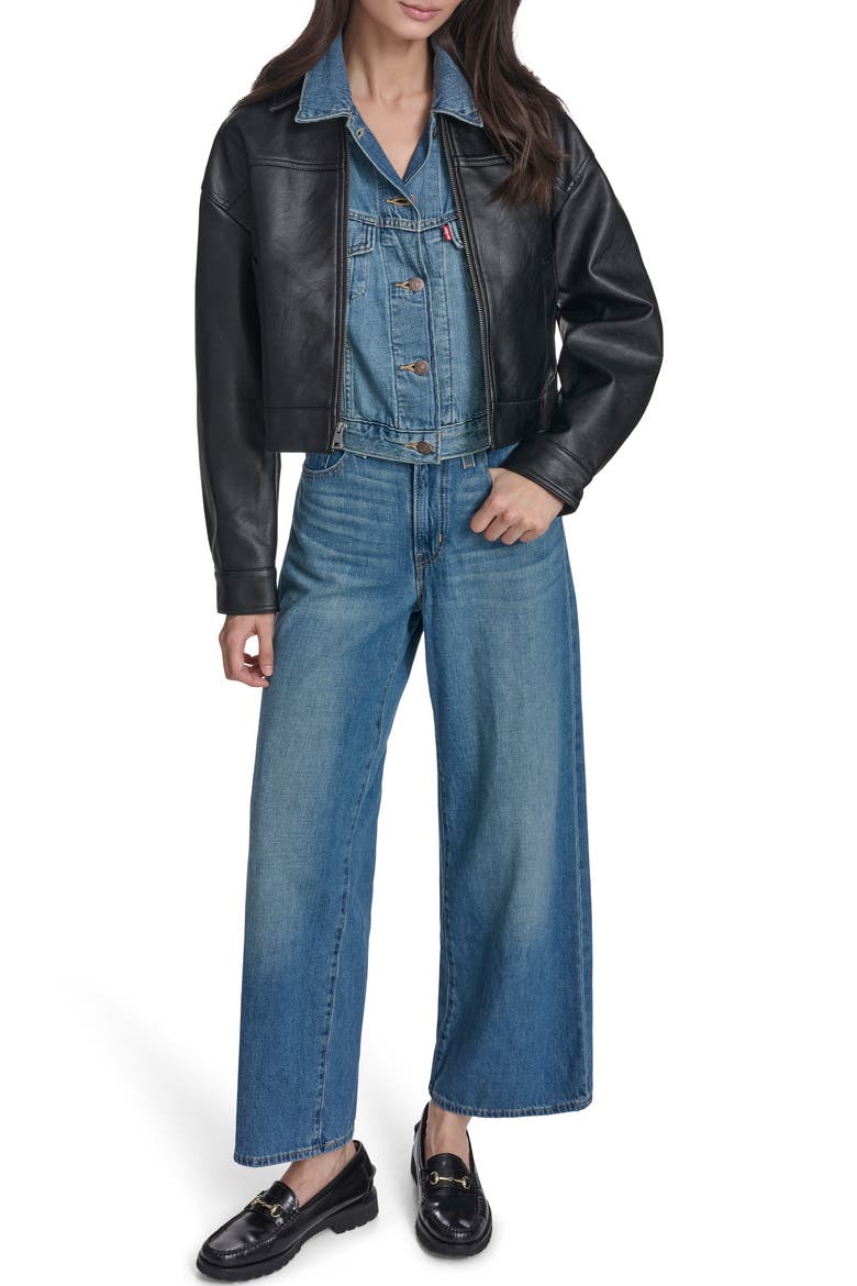 Boxy Faux Leather Bomber Jacket, Alternate, color, BLACK