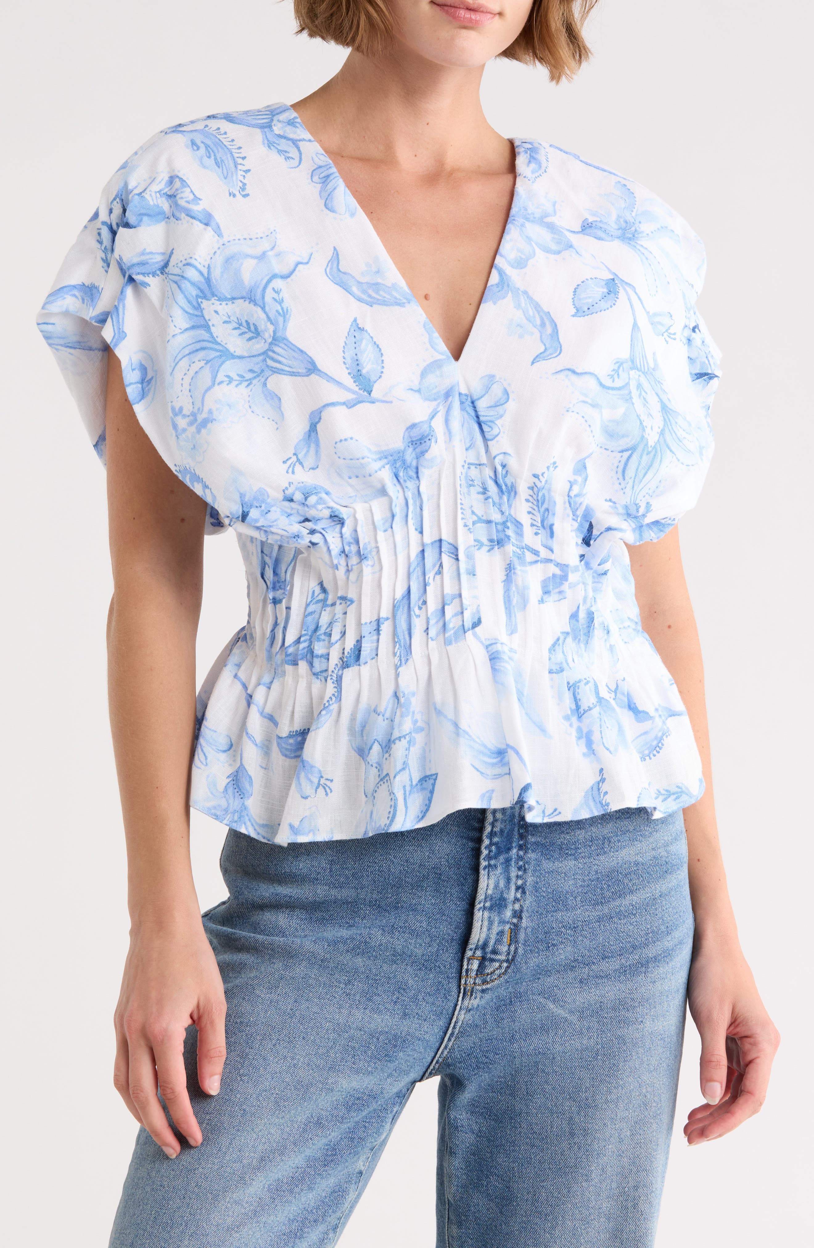 Parker Floral Short Sleeve Pleated Peplum Top