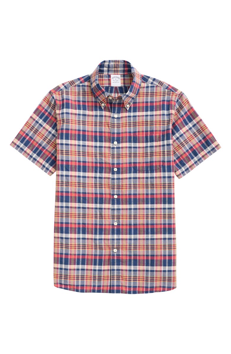 Brooks Brothers Regent Fit Plaid Short Sleeve Madras Button-Down Shirt, Main, color, 