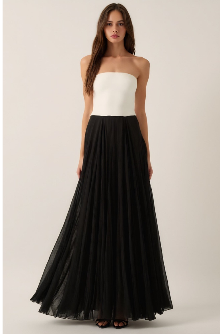 Strapless Gown with Tulle Skirt, Main, color, White / Black