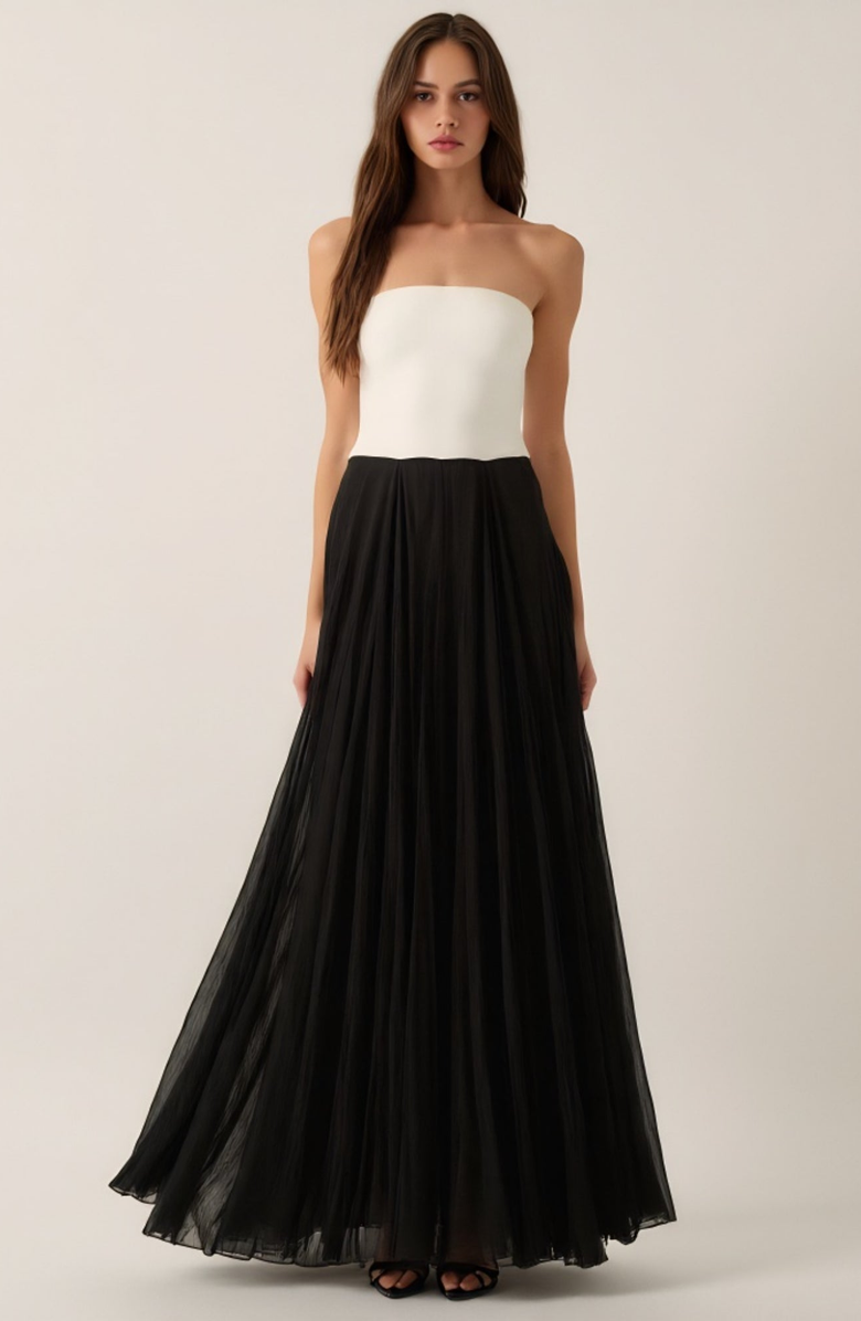 Modenaire Strapless Gown with Tulle Skirt, Main, color, White / Black